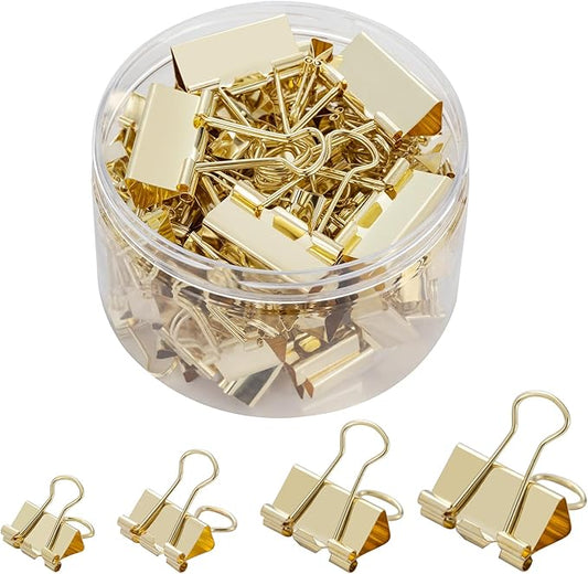 Binder Clip Paper Clamps, Assorted Sizes (Mini, Small, Medium, Large), 100 Pcs Clips for Office School Supplies (Gold)