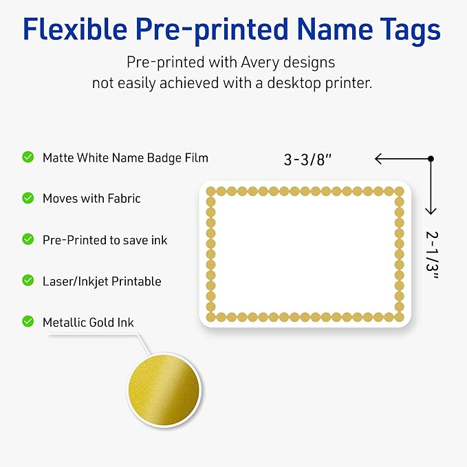 Avery Printable Rectangle Adhesive Name Tags, Gold Beads Design, 2-1/3" x 3-3/8", Matte White Removable Name Tags, Laser/Inkjet, 80 Total, Great for Name Badges