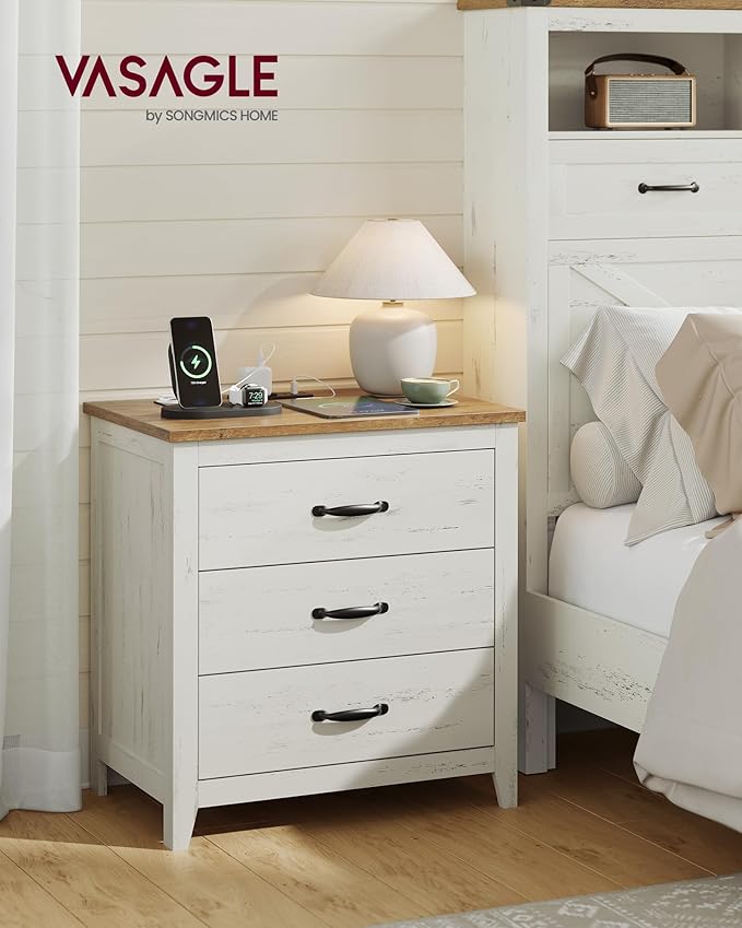 VASAGLE LIRY Collection - Farmhouse Nightstand with Charging Station, Bedside Table, Side End Table with 3 Drawers, for Bedroom, Rustic White and Honey Brown ULET679W01