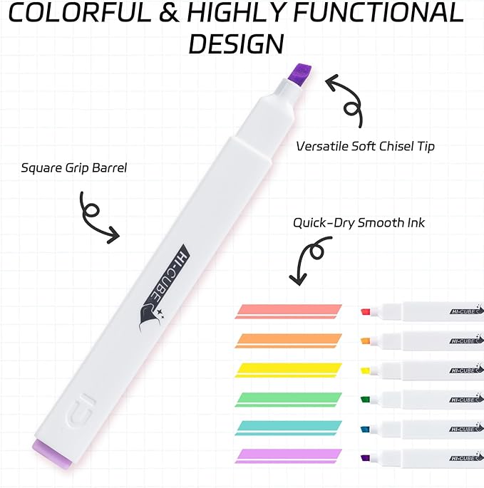 M&G HI-CUBE Highlighters, 6 Pack Pastel Colors, Soft-Nib Chisel Tip with Fat Rectangular Barrel Design, No Bleed Highlighters for Journaling, Planners, Study Notes, Creative Writing & School Supplies