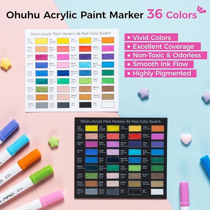 Ohuhu Acrylic Paint Markers Dual Tips: 36 Colors Brush & Fine Paint Pens High Opacity Acrylic Markers Waterproof Lightfast for Christmas Gifts Rock Painting 3D Prints Egg Wood Glass Ceramic DIY Crafts