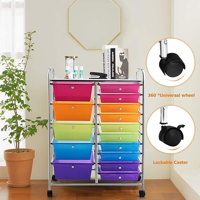 COSTWAY 15 Drawer Rolling Storage Cart, Mobile Utility Cart with Lockable Wheels, Drawers, Multipurpose Organizer Cart for Home, Office, School, Rainbow