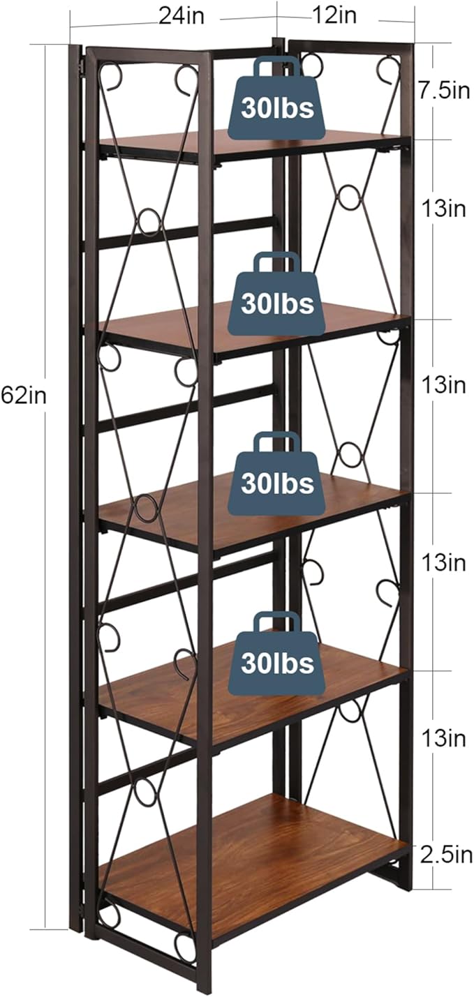 VECELO Folding Bookshelf,5 Shelf Bookcase No Assembly, Industrial Metal Frame Book Shelves Organizer for Living Room, Office,Brown, 2 Set