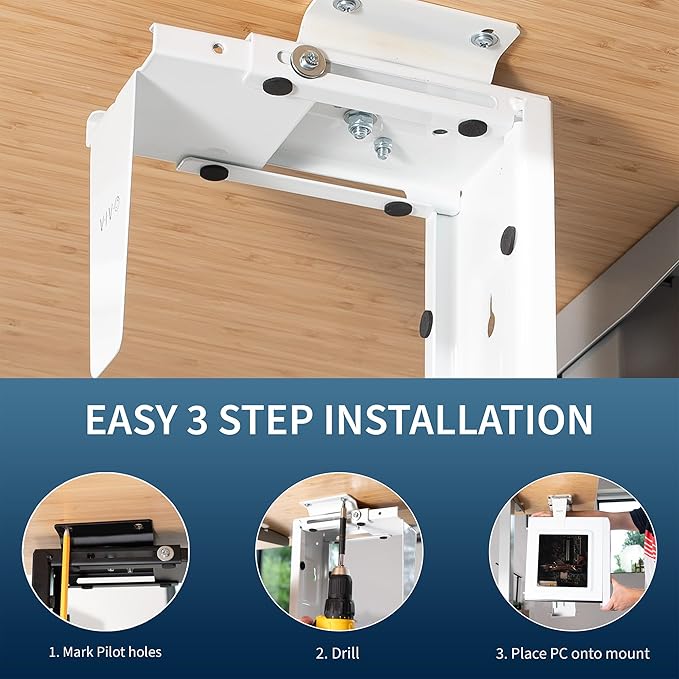 VIVO Adjustable Under Desk and Wall Mount for PC 3.5-7.8 inches Wide, Computer Case CPU Holder with Swivel and Secure Locking, White, MOUNT-PC01W