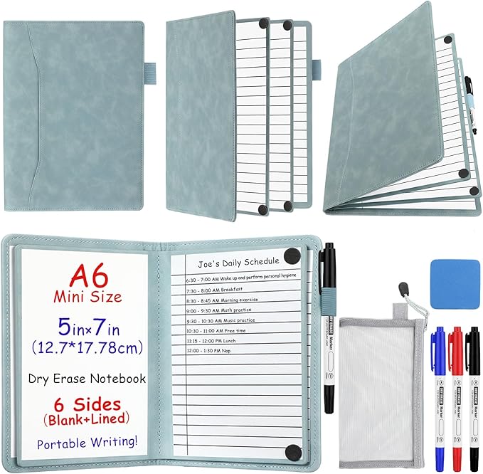 6 Sides Dry Erase Notebook Portable Whiteboards Notebook Small Reusable College Ruled Lined Board Folding Mini Travel Dry Erase White Board for Office Study(Haze Blue,A6: 5 x 7 Inches)