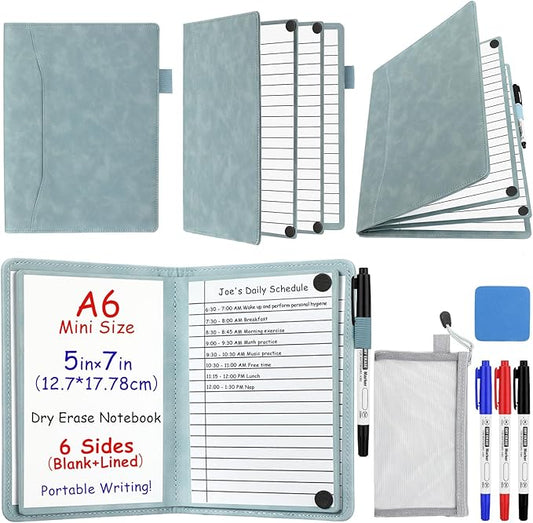 6 Sides Dry Erase Notebook Portable Whiteboards Notebook Small Reusable College Ruled Lined Board Folding Mini Travel Dry Erase White Board for Office Study(Haze Blue,A6: 5 x 7 Inches)
