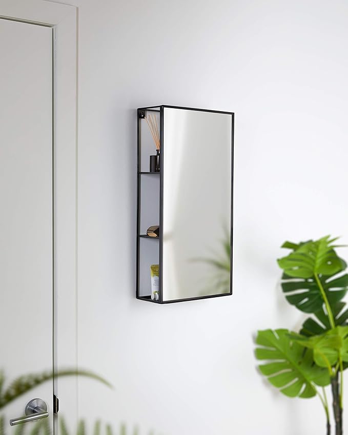 Umbra Cubiko 24x12" Rectangular Black Metal Bathroom Mirror Storage Cabinet with 3 Shelves