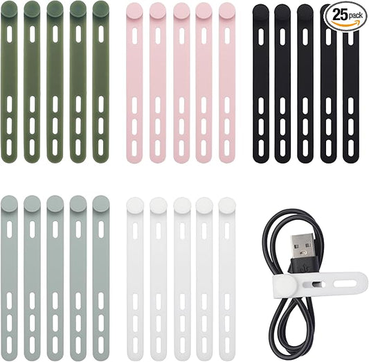 25 PCS Silicone Cable Ties Cord Organizer -[3 Adjustable Holes] Multi Color Elastic Reusable Cord Wraps Management, Home Organizer Ties for Phone Charger Electrical Cable, Travel Essentials