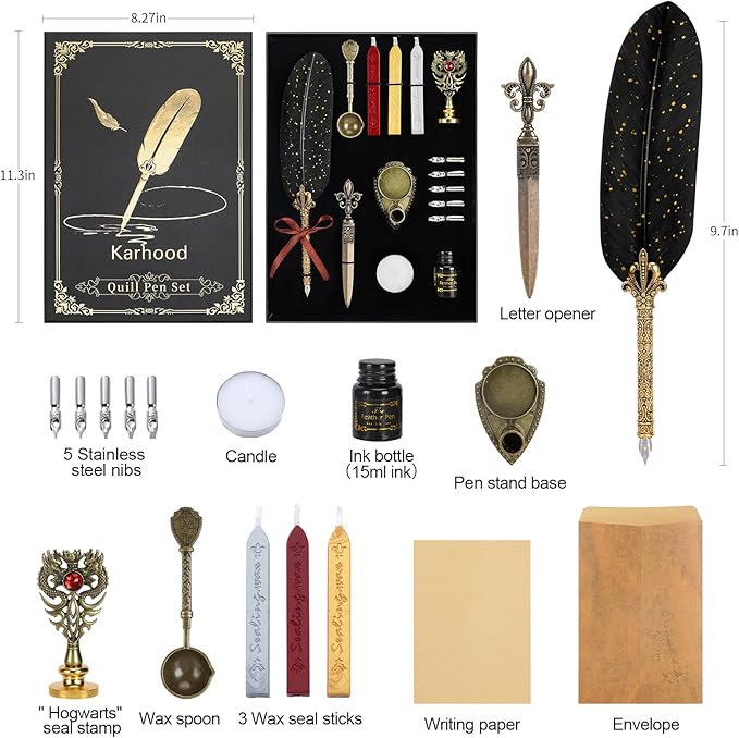 Quill Pen and Ink Set - Feather Calligraphy Dip Pen with Wax Seal Stamp Kit and 5 Nibs (Black)