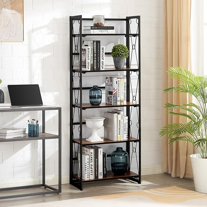 VECELO Folding Bookshelf 5-Tier,Industrial Metal Frame & Wood Shelves,Foldable Bookcase No Assembly Free Standing Storage Organizer for Living Room,Office,Bedroom