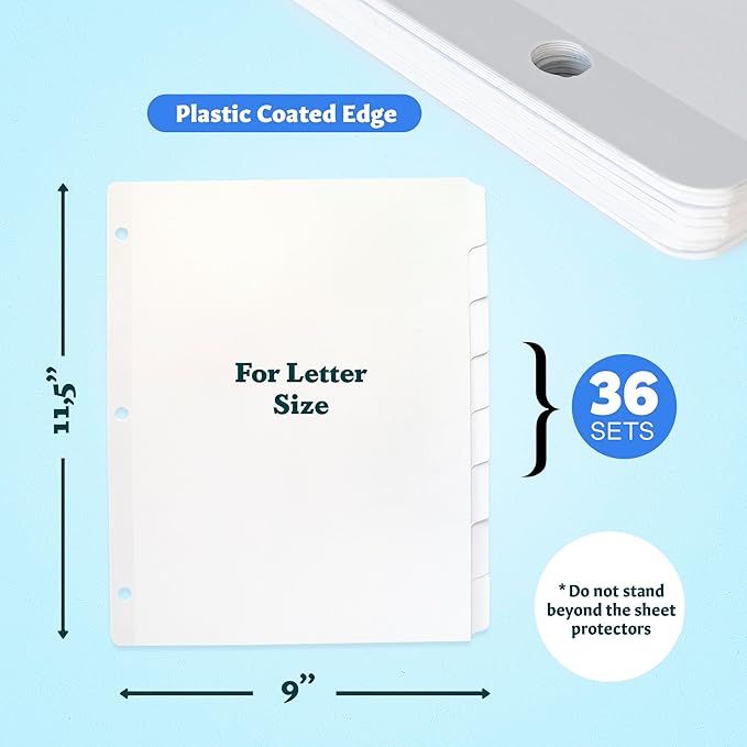 Binder Dividers with Tabs - (Set of 36) x 8 Tab Dividers for 3 Ring Binders, White, Reinforced Edge - Ideal for Keeping Your Documents Neat and Professional