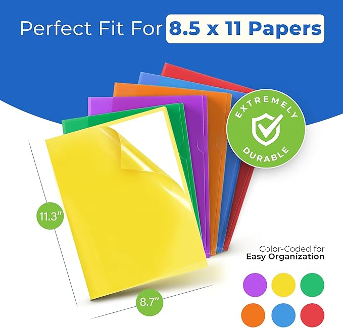 Dunwell Clear Plastic Folders for Documents (12 Pack, Assorted Colors) - Letter Size Plastic File Folder Sleeves 8.5x11 - Durable & Tear-Resistant Poly Document Folder Jackets for School Office & Home