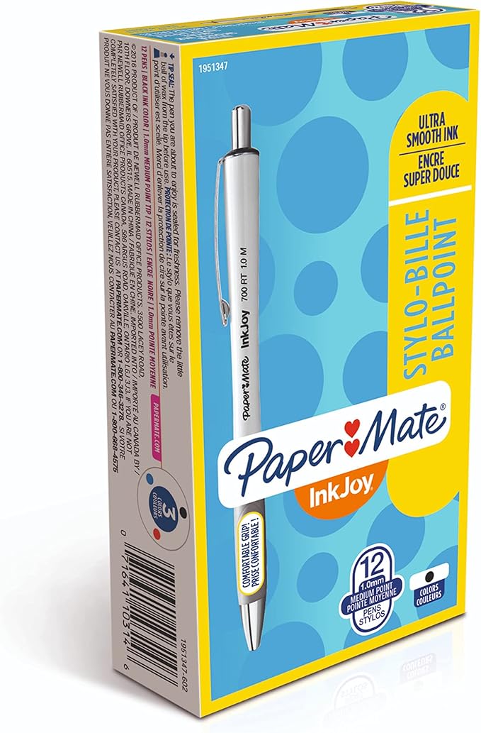 Paper Mate InkJoy 700RT Retractable Ballpoint Pens Medium Point White Barrel Black Ink 12 Count