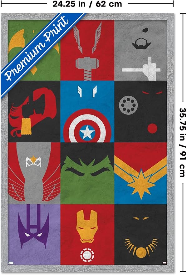 Marvel Comics Avengers - Minimalist Grid Wall Poster, 34L" x 22.4W", Gray Framed Version