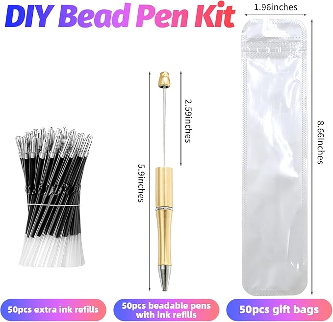 150 Pieces DIY Beadable Pen Kit – 500 Plastic Ballpoint Pens with Refills & Bags – School Supplies, Office Accessories & Decorative Items for Students & Teachers (Silver and Gold)