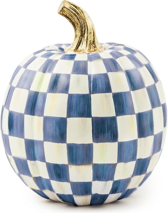 MACKENZIE-CHILDS Small Pumpkin, Resin Halloween Home Decor, Blue-and-White Royal Check
