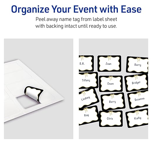Avery Printable Adhesive Name Badges, 2-1/3" x 3-3/8", Pre-Printed Black Border with Metallic Gold Bow Design, Matte White, Laser & Inkjet Compatible, 80 Total