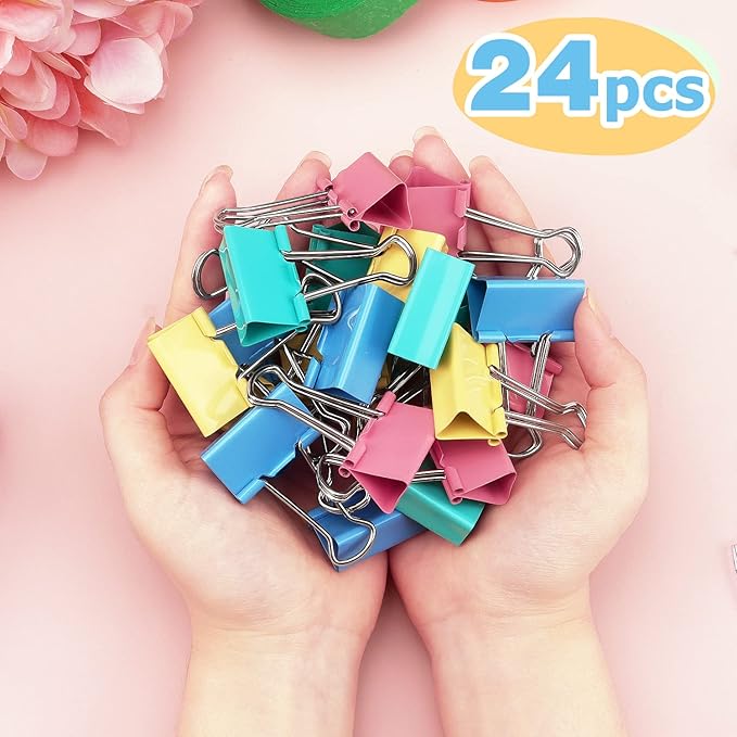 ZZTX Binder Clips Paper Clamps Clips Medium Size, Assorted Color, 1.3 Inches, 24 Pieces