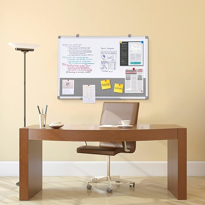 Combo Dry Erase Bulletin Board Wall Mounted Whiteboard and Pin Board Vision Board for Home Kitchen School Office College,Whiteboard & Felt Gray,36x24inches