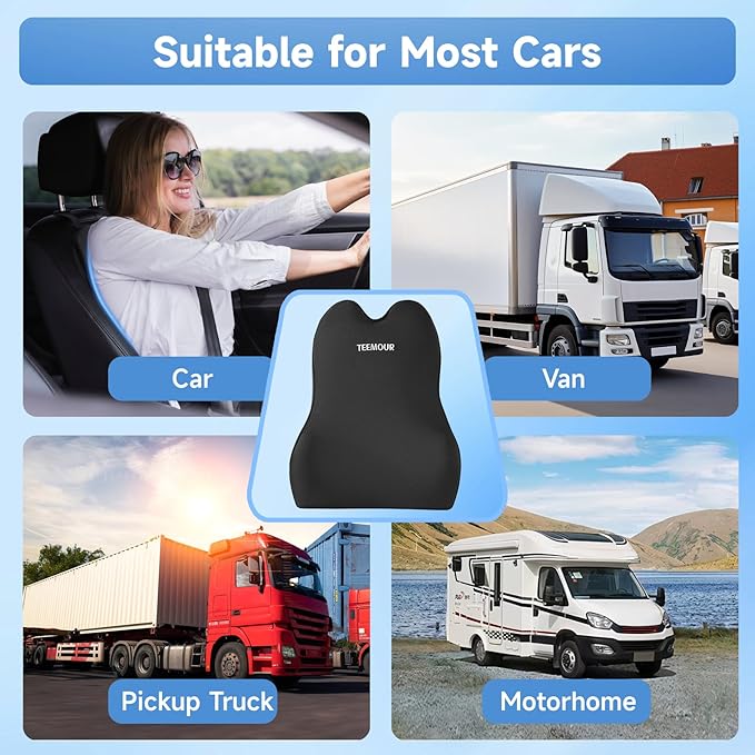 Lumbar Support Pillow for Car Truck Accessories Memory Foam Back Cushion for Driving Seat Lower Back Support, Lumbar Comfort for Long Drivvers Back Pain Relief, with Three Adjustable Straps Black