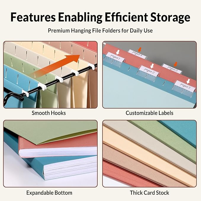 SUNEE Hanging File Folders Retro Colors, 6 Pack Letter Size File Folders with 1/5-cut Tabs, Stay Organized for Your Home and Office Bulk File and Documents