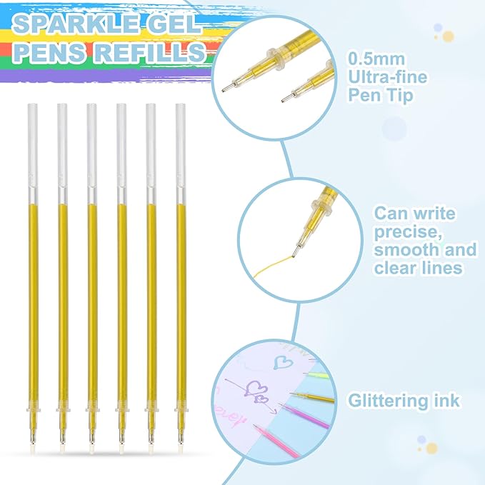 PATIKIL 0.5mm Gel Pens Refills, 24 Pack Glitter Gel Pens Sparkle Metallic Ink Fine Point Colored Refill Set for Adults Coloring Books Journaling Scrapbooking Art Drawing, Gold