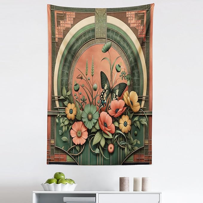 Ambesonne Boho Tapestry, Traditional Japanese Ornaments with Floral Balcony with Butterfly Spring, Fabric Wall Hanging Decor for Bedroom Living Room Dorm, 30" X 45", Dark Salmon Laurel Green