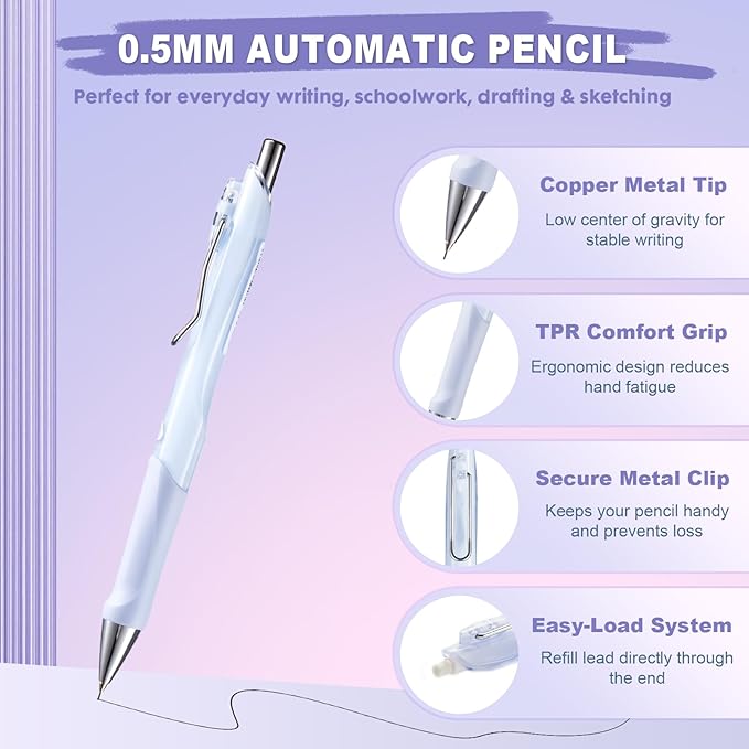 6-Pack 0.5mm Mechanical Pencils with Macaron Colors, Built-In Eraser, Copper Tip, Easy-Load Lead, Metal Clip, Soft Grip, for School, Office, Sketching, Drafting