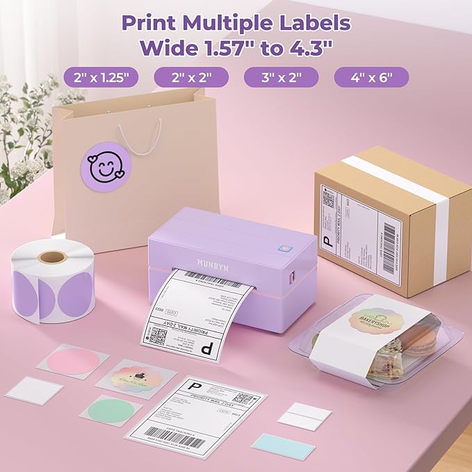 MUNBYN 130B Bluetooth Thermal Label Printer+2 Inch Lavender Purple Circle Thermal Sticker Labels+Purple Label Holder