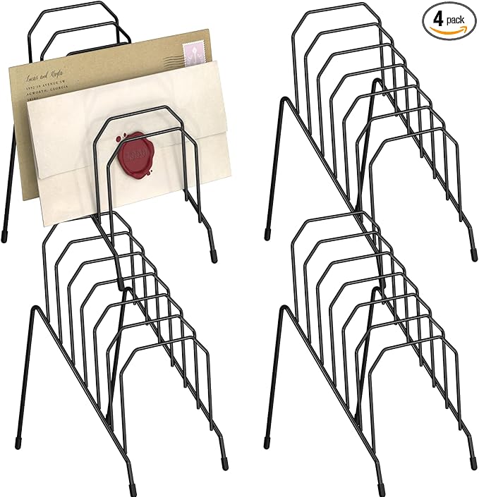 Incline Desk Mail Organizer, Mail Sorter Letter Organizer Rack with 6-Section Vertical Compartments Rack for Letters, Postcards, Brochures, Mail Holder for Office, Home, School (4 Pack)