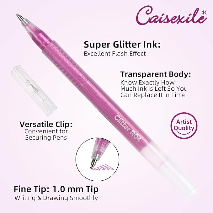 12 Red Glitter Gel Pens Set, 1.0 mm Fine Point for Black Paper & White Paper, Large Capacity Pens for Journaling, Adult Coloring Books, Drawing, Note Taking, Highlighting