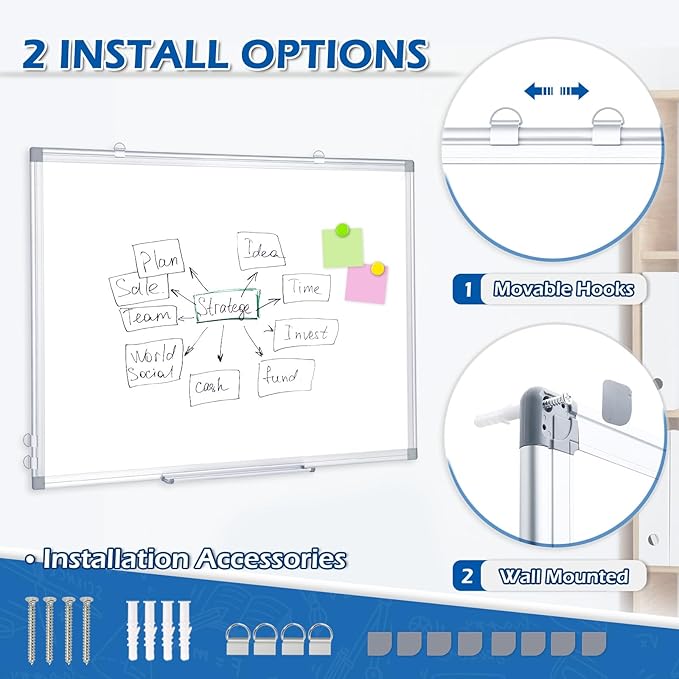 DOLLAR BOSS White Board Magnetic Dry Erase Board, 24 x 18 Inch Double-Sided Whiteboard for Wall Silver Aluminum Frame for Office School Home with 8 Magnets 4 Markers 1 Eraser 1 Detachable Pen Tray