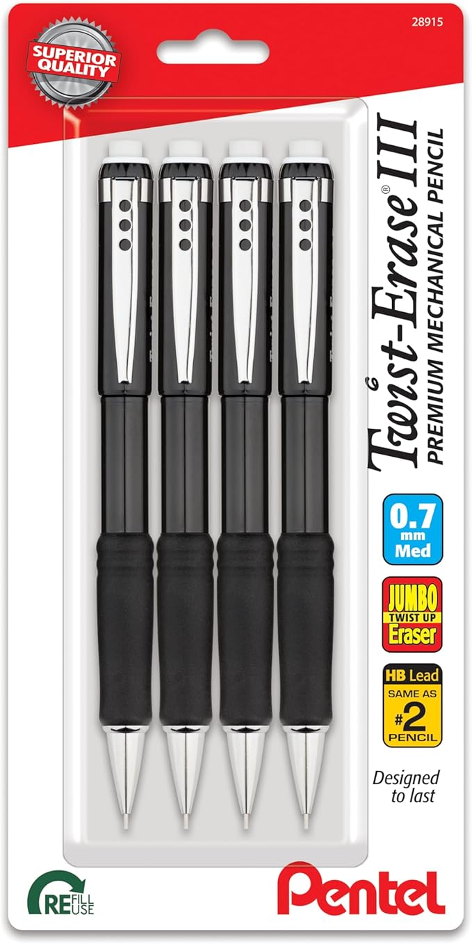 Pentel Twist-Erase III Mechanical Pencil, (0.9mm), Bold Line, Black Barrel, Pack of 4 (QE519BP4A)
