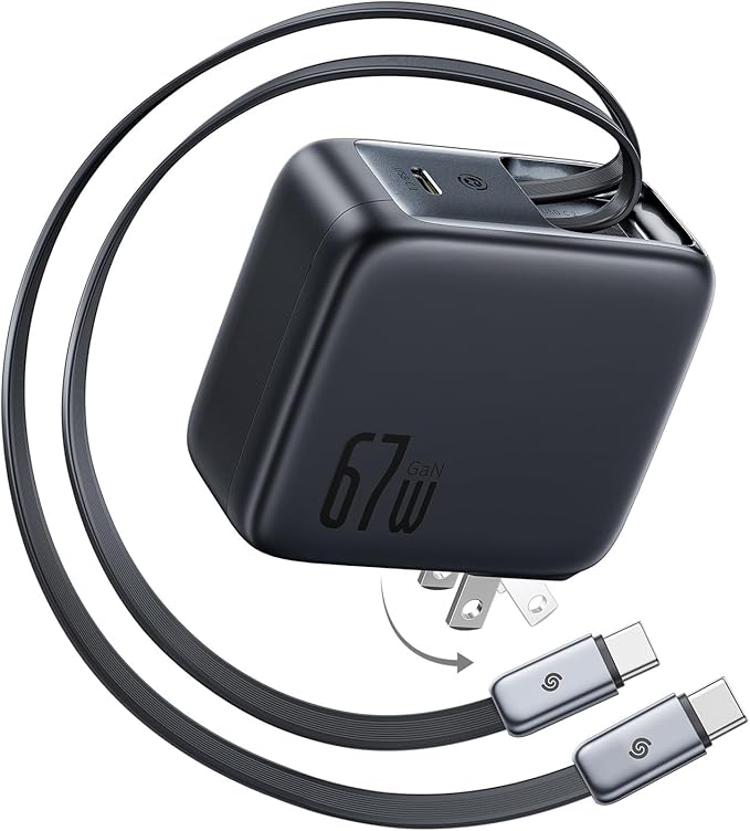 Baseus Enercore CJ21 67W USB C Charger, 3 in 1 Fast Charging Block with 2 Retractable Cable & Foldable Plug, PD/PPS for Galaxy S25/iPhone 17/16/15 Series/MacBook Air/Airpods 4