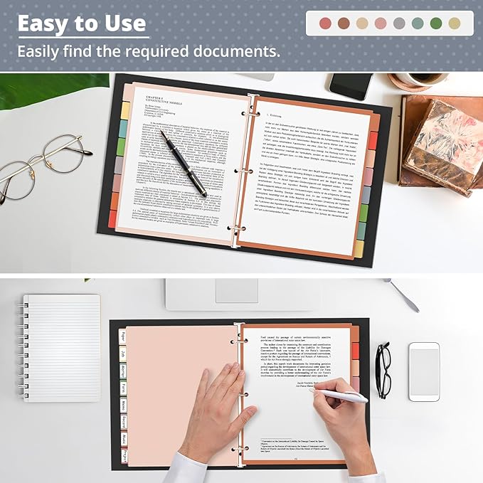 3 Ring Binder Dividers with Tabs, 24Pcs/3 Set Durable Plastic File Dividers, 8 Tab 3 Hole Punch Dividers, Letter Size, 3 Sets for School Office Document (Morandi Color)