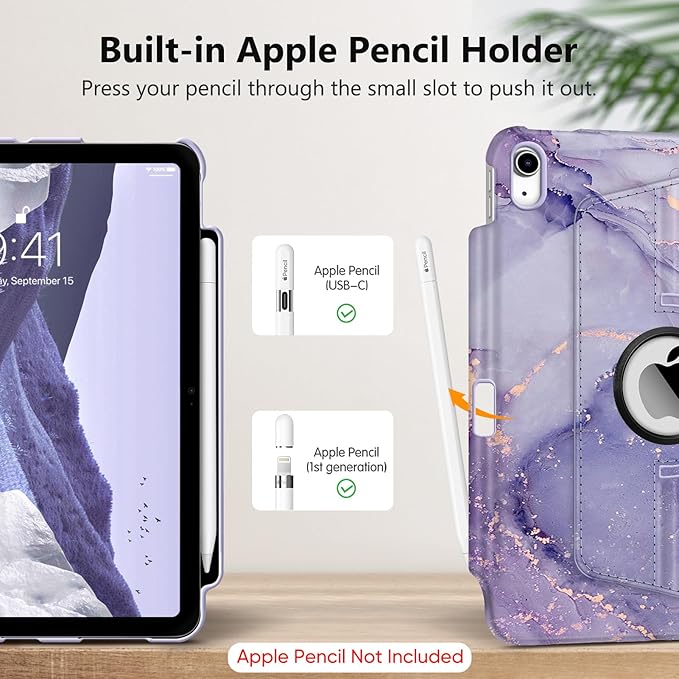 Fintie Rotating Case for iPad (A16) 11th Generation 11 Inch (2025), iPad 10th Generation 10.9 Inch (2022) - [Built-in Pencil Holder] 360 Degree Rotating Protective Stand Cover, Lilac Marble