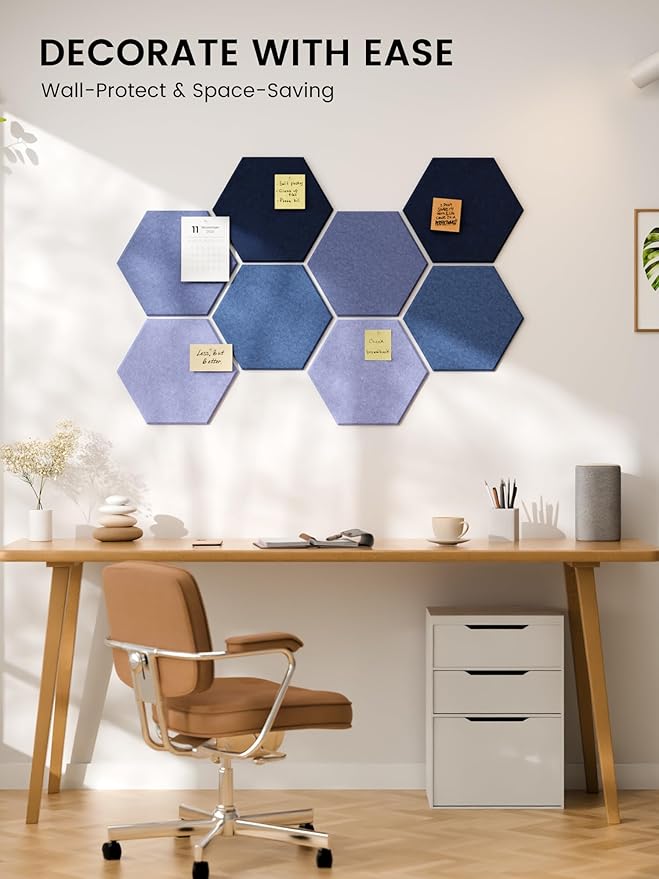 Fluxynara Hexagon Cork Board Alternative for Walls Decor-8-Pack Felt Bulletin Board Tiles,with 30 Pushpins,50 Adhesive Tabs for Office,Classrooms & Home Pin Board Felt Board-Denim Mist