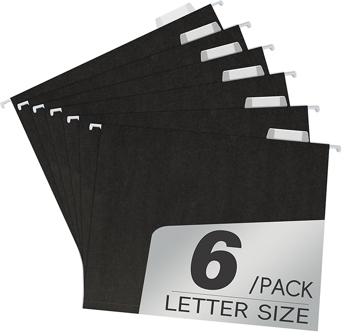 6 Pack Black Hanging File Folders,Letter Size Hanging Colored File Folders-,11 Point Paper Stock,1/5-Cut Adjustable Tabs,Bulk for Filing Cabinet