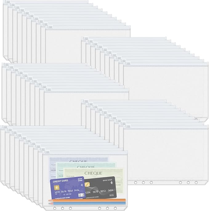 Antner 50pcs A5 Binder Pockets 6-Hole Budget Planner Inserts Cash Stuffing Envelopes for Money Organizer, White Zipper Pouch Folders Waterproof PVC Loose Leaf Filling Bags for A5 6-Ring Savings Binder