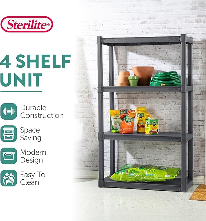 Sterilite 4 Shelf Plastic Storage Unit Bundled with Easy to Assemble Storage Cabinet for Garage, Pantry & Kitchen Organization, 4 Shelves, Gray