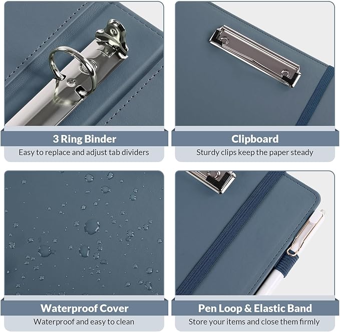 SKYDUE 3 Ring Binder with Clipboard 1 Inch, 13.2" × 10.2" PU Clipboard Binder with Notepad & 5 Dividers with 5 Pockets, Labels, Clipboard Folder Great for School Office(Fit Letter Sized Paper)