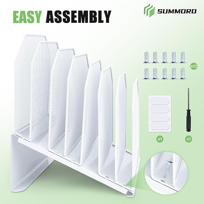 Inclined File Organizer for Desk, 7-Tier Vertical File Folder Holder Office Desk Organizer Metal Rack File Wire Mesh Desktop Document Sorter for Office School Classroom Home (White)