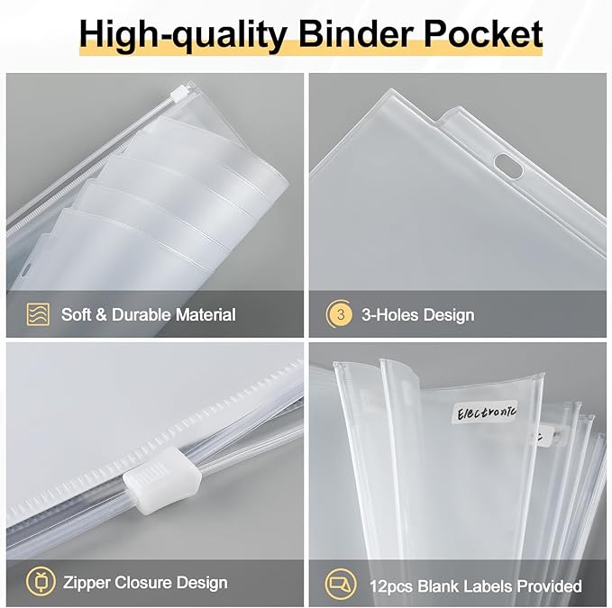 KTRIO Letter Size Binder Pockets 3 Ring Binder Zipper Pouch 12 Pack, 3 Holes Clear PVC Loose Leaf Bags 8.5"×11" Document Folders for Business Office School Supplies