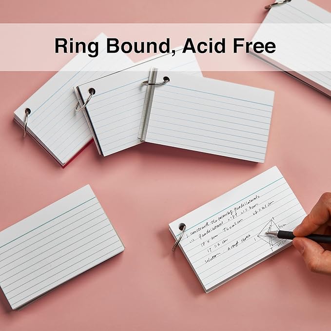 Staples Ring‑Bound Index Cards, 3" x 5", Lined, White – Portable Cards with Blue Poly Cover for Studying & Organization