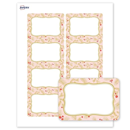 Avery Printable Christmas Adhesive Name Badges, Rectangle, 2-1/3" x 3-3/8", Pre-Printed Pink & Metallic Gold Border with Holly Design, Matte White, Laser & Inkjet Compatible, 80 Total