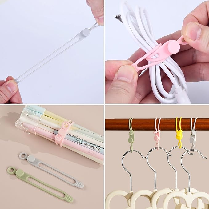 10Pcs Reusable Silicone Cable Ties – Adjustable Cord Organizer with Locking Buckle, Elastic Cable Straps for Earphones, Chargers, PC Wires – Colorful Wire Wraps for Home, Office, Travel