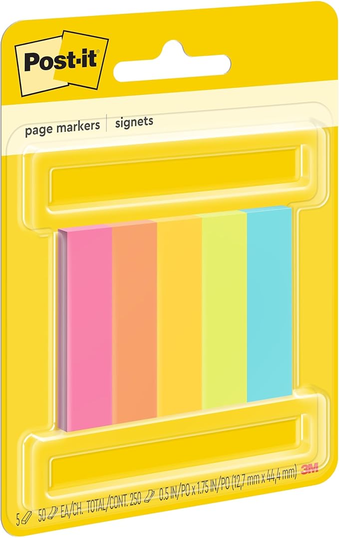 Post-it Page Markers Sticky Tabs for Books/Documents, Assorted Rainbow Colors, (670-5AF) 0.5 in x 1.75 in (12.7 mm x 44.4 mm), 50 Sheets/Pad, 5 Pads/Pack, 6-Pack