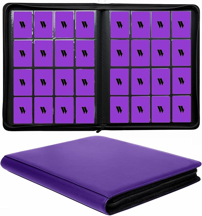 16 Pocket Card Binder, 1000+ Premium Zip Trading Card Binder, Double Sided Pocket Card Binder Album, Ringless Card Folder for MTG, TCG, Sports Card (Purple, 16Pockets)