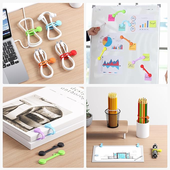 Tounee Reusable Silicone Magnetic Cable Ties - 2 Sizes Combo (4pcs 2.95'' + 4pcs 7.68'') - Multi-Purpose for Cable Bundling, Organizing, Bookmarks & Fridge Magnets - Assorted Colors, 8-Pack