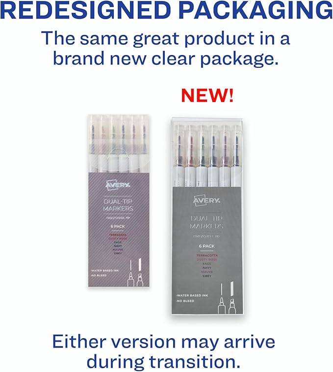 Avery Dual Tip Markers, Fine Tip Marker and Chisel Tip Marker, Quick-Drying Water-Based Markers, Muted Neutral Colors, Ideal Planner Markers and Bullet Journal Markers, 6-Pack (25003)